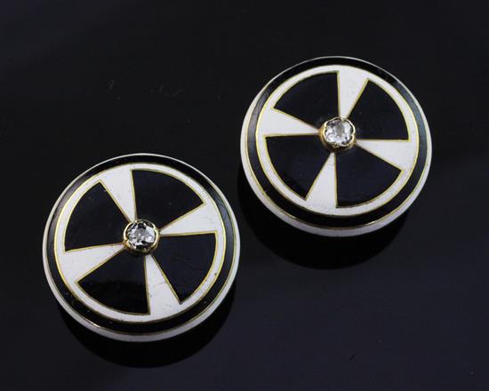 A pair of Victorian unmarked gold and diamond set checkered enamel circular buttons/studs, dia. 22mm.